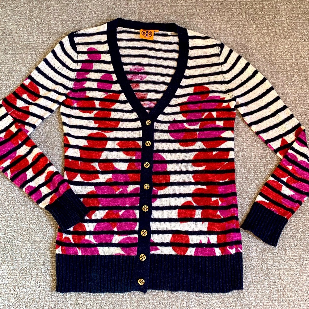Tory Burch Cardigan Sweater Striped Floral